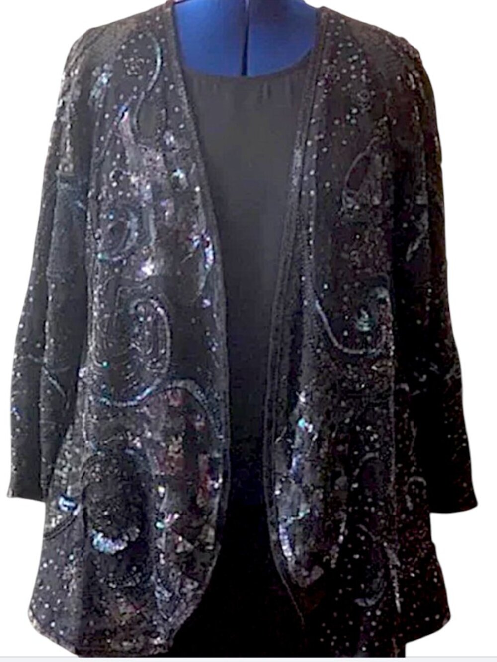 DIANE FREIS  Vintage 100% Silk Hand-Beaded Sequins Swing Jacket   Very Loose Fit